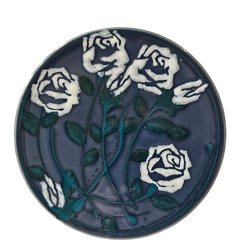 White Rose Purple Art Pottery Ceramic Wall Hanging Trivet Signed Ditzler '92